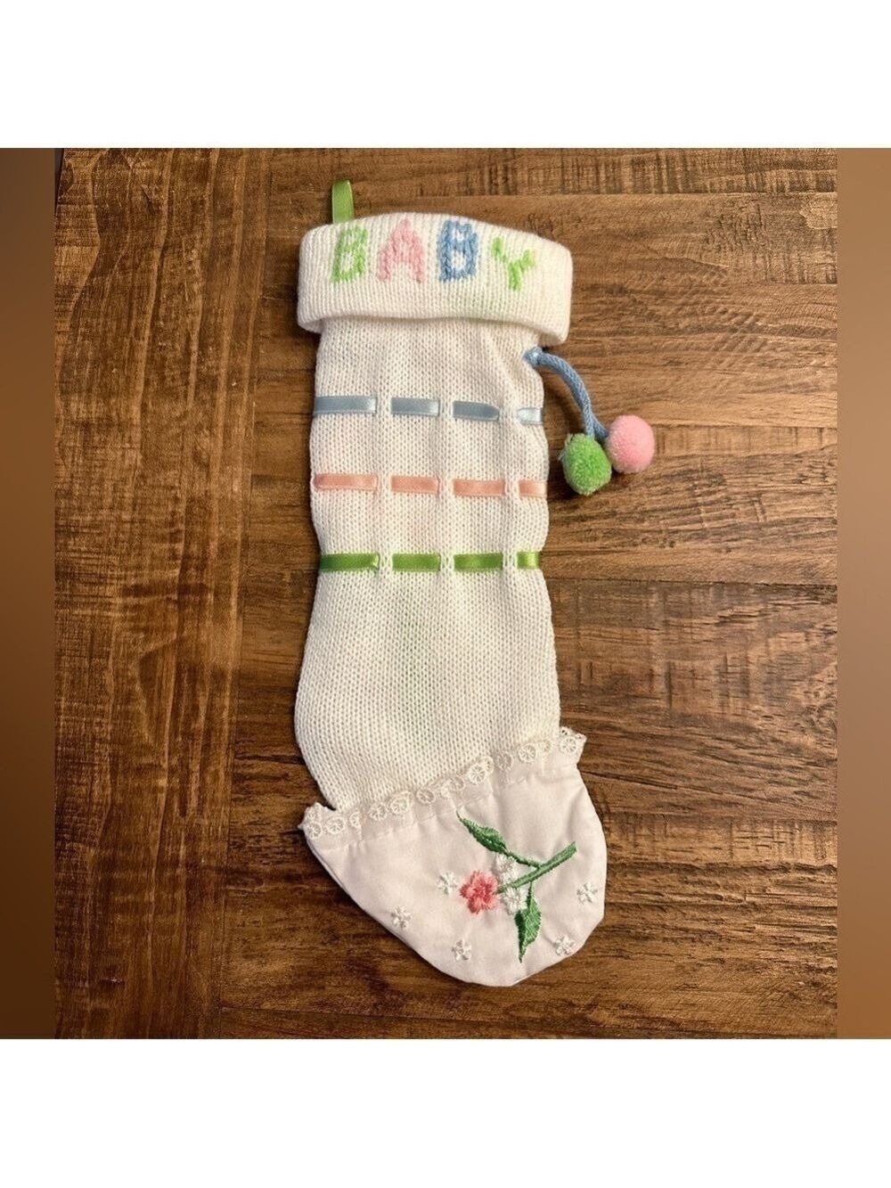 Vintage Kurt Adler 11” Baby Christmas Stocking with Pom Pom’s+Ribbon+Embroidery